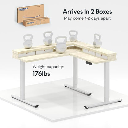 FLEXISPOT 63" L Shaped Standing Desk with Shelf Electric Corner Table, Drawers, Adjustable Computer Workstation for Home, Office,USB Charging Port, 63x55in, Light Maple Top + White Frame