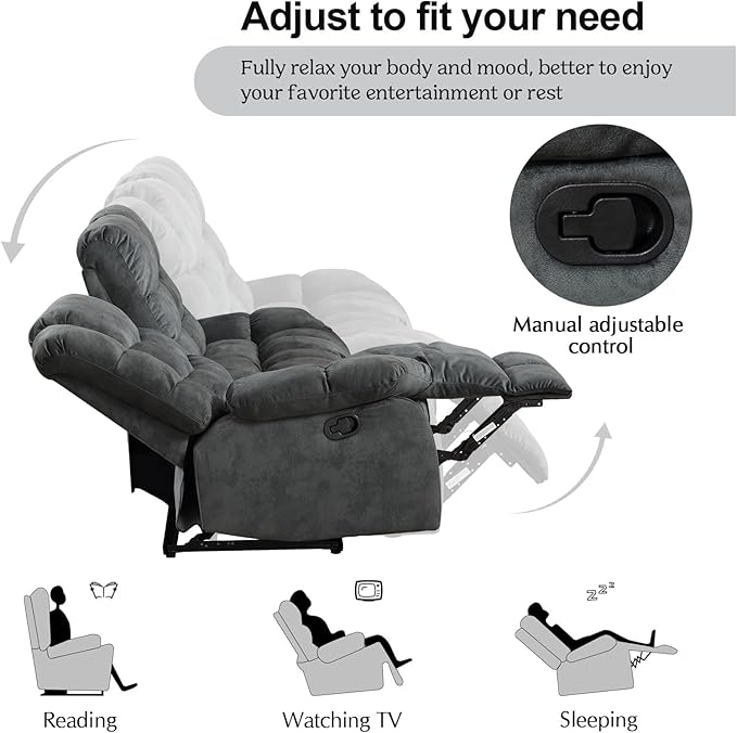 CANMOV Manual Reclining Sofa Set,2 Pieces Sofa Furniture Set for Living Room, Manual Recliner Sofa and Recliner Chair with Arms for Living Room, Bedroom, Grey(1+3)