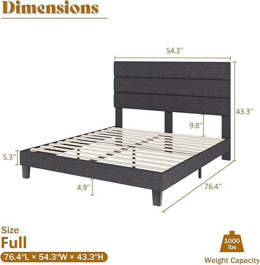 AMERLIFE Full Size Bed Frame with Linen Upholstered Headboard, Modern Platform Bed with Wooden Slats Support, Noise-Free, No Box Spring Needed, Easy Assembly, Grey