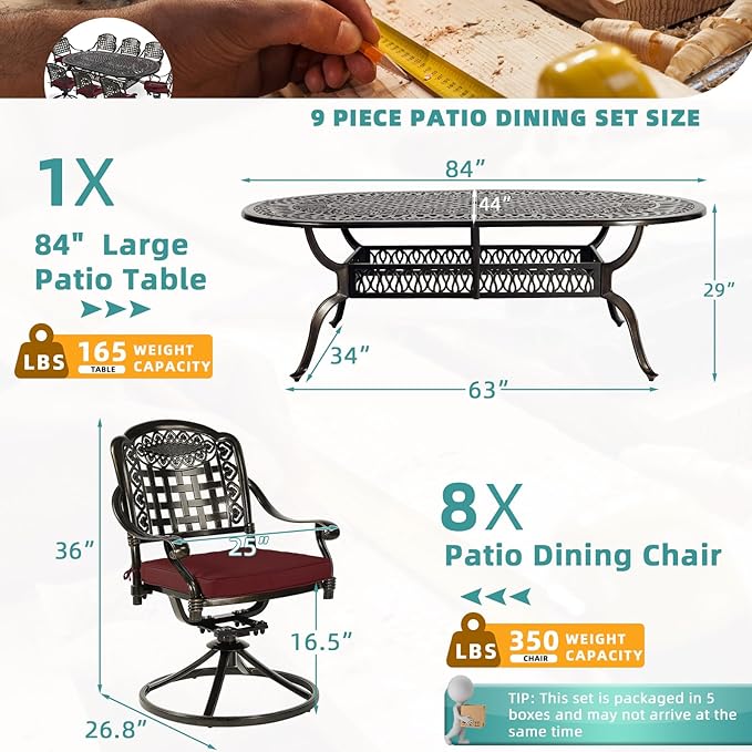 MEETWARM 9-Piece Outdoor Patio Dining Set, All-Weather Cast Aluminum Patio Conversation Set with 8 Cushioned Swivel Rocker Chairs for Backyard Garden Deck, 1 Oval Table, 2" Umbrella Hole, Chili Red