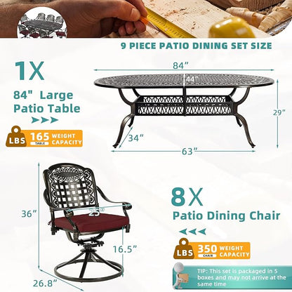 MEETWARM 9-Piece Outdoor Patio Dining Set, All-Weather Cast Aluminum Patio Conversation Set with 8 Cushioned Swivel Rocker Chairs for Backyard Garden Deck, 1 Oval Table, 2" Umbrella Hole, Chili Red
