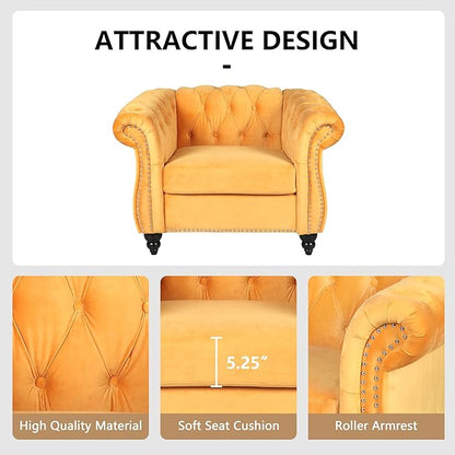 Velvet Loveseat Sofa, Mid Century Modern Upholstered Couch, 62" Oversized Comfy 2 Seater Love Seat Couch with Cushions, Tufted Chesterfield Sofa for Living Room, Bedroom, Apartment (Yellow)