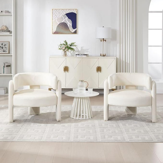Set of 2 Accent Chairs with Arms, Upholstered Barrel Armchair with Curved Back, Comfy Single Side Chair for Reading, Living Room, Home Office, Beige