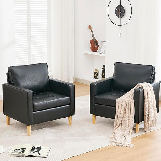 STHOUYN Black Faux Leather Accent Chairs Set of 2 Small Living Room Bedroom Chairs, Comfy Reading Chair Single Sofa for Adults, Suitable Small Spaces Office Couch, Easy Assembly