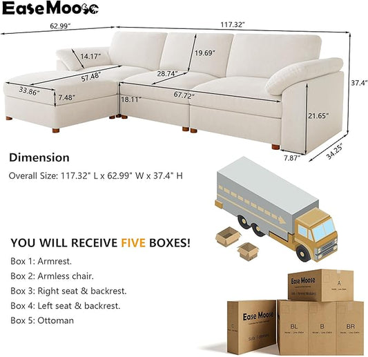EASE MOOSE White Modular Sectional Sofa, FSC Certified Extra Large L Shape Sectional Couch, Comfty Wide Deep Modular Cloud Sofa with Ottoman, Removable and Washable