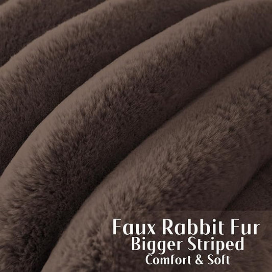 FUTEI Dark Coffee Decorative Throw Pillow Covers 18x18 Inch Set of 2, Square Soft Faux Rabbit Fur Big Striped Cushion Cover,Home Decor for Couch Sofa Bed Living Room