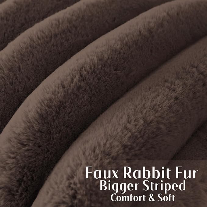 FUTEI Dark Coffee Decorative Throw Pillow Covers 26x26 Inch Set of 2, Square Soft Faux Rabbit Fur Big Striped Pillow Sham,Home Decor for Couch Sofa Bed Living Room