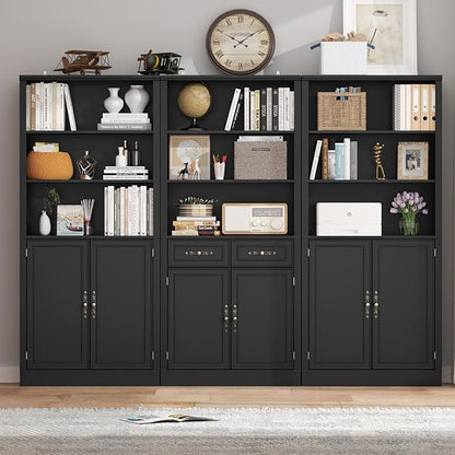 72'' Tall Bookcase with Doors, Adjustable Shelves, P2 MDF Construction, 32'' Wide Freestanding Cabinet with Metal Handles, Hidden Storage for Living Room, Bedroom, Black
