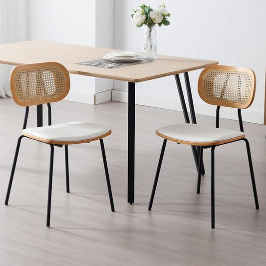 Mid-Century Modern Rattan Cane Back Dining Chairs Set of 2 — PU Leather Upholstered Seat, Black Metal Legs, Kitchen Side Chairs for Kitchen & Dining Room, White