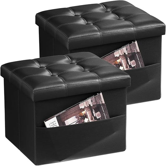 Storage Ottoman Foot Rest Stool, Small Leather Storage Ottomans Bench, Folding Footstool with Side Pockets, Foot Rest Under Desk for Living Room Bedroom, 16x12x12 in, Black 2 Pack