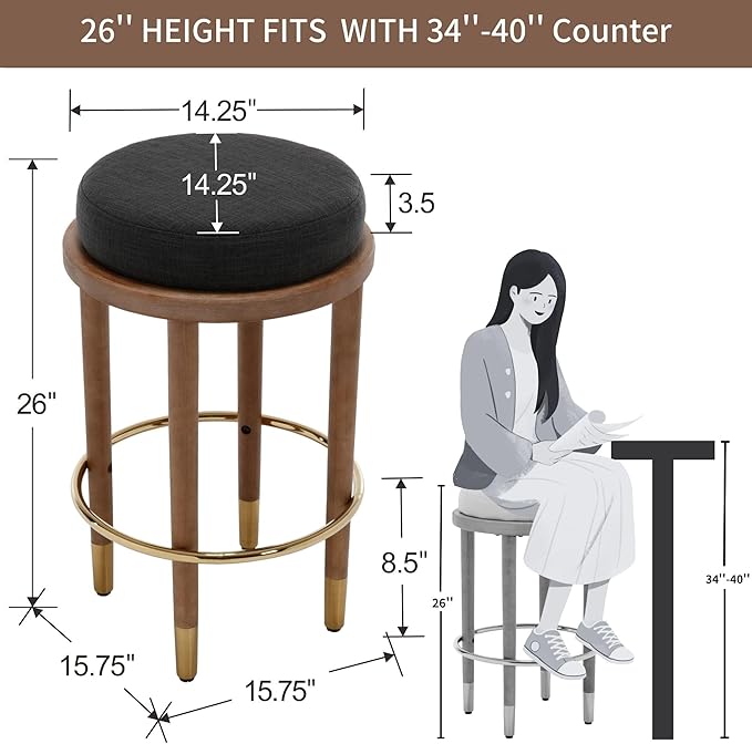 26'' Rustic Backless Bar Stools Set of 2, Counter Height Chairs With Hardwood Legs, Round Kitchen Island Stools, Farmhouse Charcoal Linen Upholstered Wood With Footrest