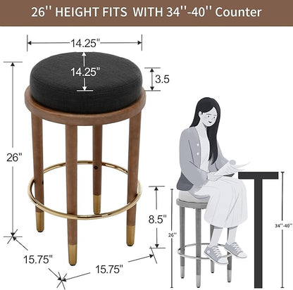 26'' Rustic Backless Bar Stools Set of 2, Counter Height Chairs With Hardwood Legs, Round Kitchen Island Stools, Farmhouse Charcoal Linen Upholstered Wood With Footrest
