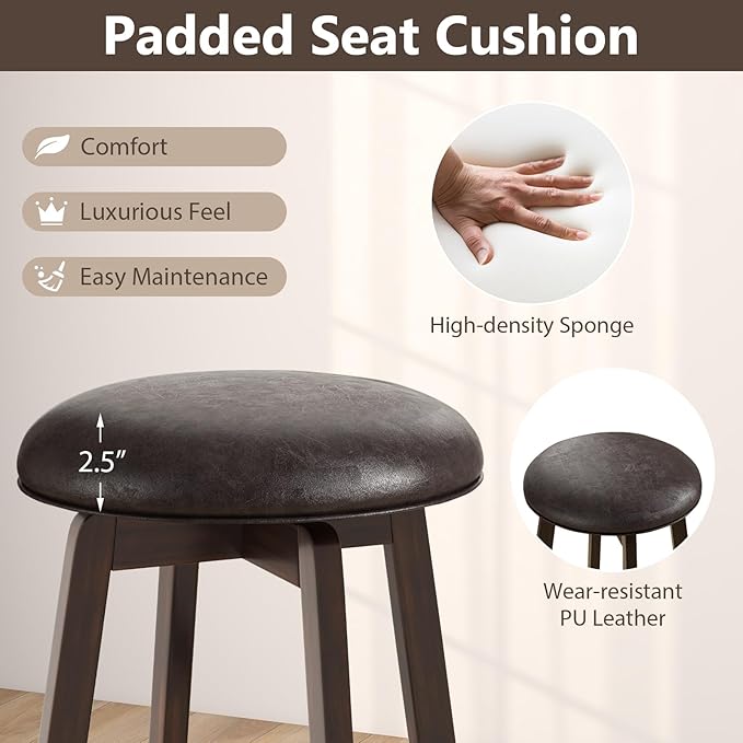 COSTWAY 24-Inch Swivel Bar Stools Set of 2, Upholstered Barstools w/PU Leather Seat & Solid Rubber Wood Legs, Mid-Century Backless Round Counter Height Stools w/Footrest for Kitchen Home Bar