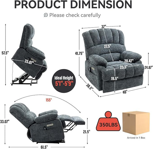 Power Lift Recliner Chair for Elderly with Heat Function, 8 Node Massage with 3 Selectable Modes, Oversized Electric Lift Recliner Single Sofa for Living Room with USB, Blue-Grey
