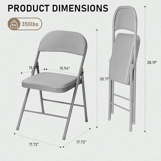 SEALAMB 6 Pack Grey Folding Chairs with Padded Seats & Cushion, Durable Metal Foldable Chairs for Wedding Party, Commercial Chairs for Office School Church Events, 330lb Capacity (Grey-PU, 6 Pack)