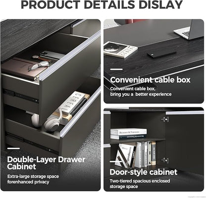 L Shape Executive Desk with Drawers – Modern Large Office Desk for Home Office, Spacious Computer Workstation with Storage Cabinets, Black Finish (Black/Left, 87" L * 63" W * 30" H)