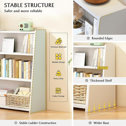 IOTXY Wooden Extendable Shelf Bookcase - 3-Tier Ladder Low Short Bookshelf for Small Space or Corner, Oak, L