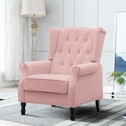 Artechworks Winged Fabric Modern Accent Chair Tufted Arm Club Chair Linen Single Sofa with Wooden Legs Comfy Upholstered for Reading Living Room Bedroom Office, Pink