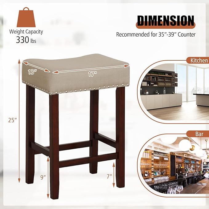 COSTWAY Counter Height Bar Stools Set of 2, 25-inch Backless Saddle Stools with Nailhead Trim, Rubber Wood Frame, Footrest, Max Load 330 Lbs, Upholstered Barstools for Kitchen Island Pub, Beige