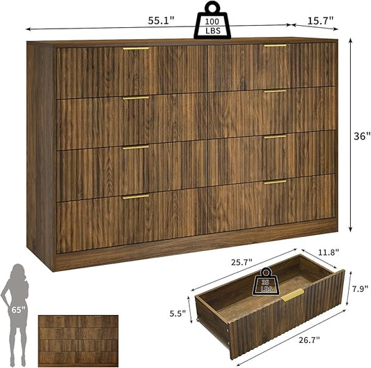Fluted 8 Drawer Double Dresser Wood,55” Wide Bedroom Dresser Mid Century Chest of Drawers Wooden with Gold Handle,Dressers TV Stand for Bedroom,Living Room,Walnut