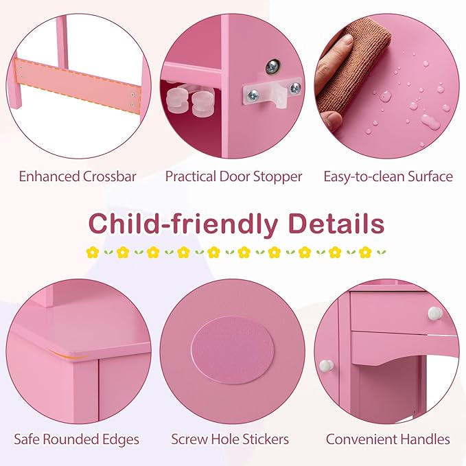 Costzon Kids Desk and Chair Set, Wooden Children Study Desk w/Hutch, Large Cabinet and Drawer for Home School Writing, Reading & Drawing, Computer Workstation Student Table and Chair for 3+ (Pink)