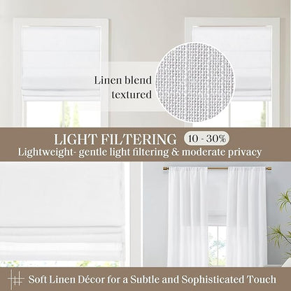 Madison Park Kyler Cordless Roman Shades - Single Panel, Lightweight Linen Blend Fabric, Natural Design, Easy Installation, Light Filtering Window Blind, Bedroom, Living Room Decor 27"W x 64"H White