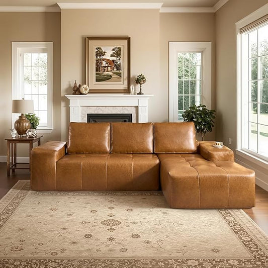 114" Boneless Couches for Living Room, Brown Faux Leather Cloud Sectional Couches with Chaise, Deep Seat L Shaped Modular Sofa, No Assembly Required Sofas in a Box (Right,Faux Leather,Brown)