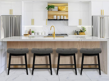Counter Height Bar Stools Set of 3 for Kitchen Counter Farmhouse Modern Barstools with Faux Leather Upholstered Backless Seat and Solid Wood Legs 24 inch Bar Chairs, Grey + Black