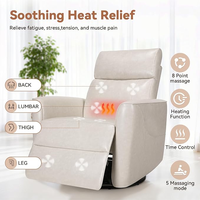 Himimi Power Massage Recliner Chair, Oversized Swivel Rocker Chair with Vibration Massage and Heat, Glider Recliner for Adults, USB Charging, Side Pocket, Nursery, Living Room, Bedroom (Ivory)
