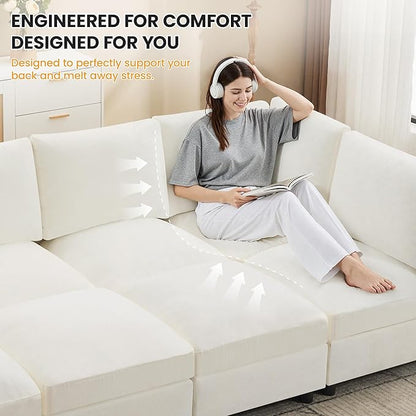 Modular Sectional Cloud Sofa Bed, 8-Seater Convertible Sofa Couch with Ottoman, Modern Deep Seat Sleeper Sofa for Living Room, Chenille Beige