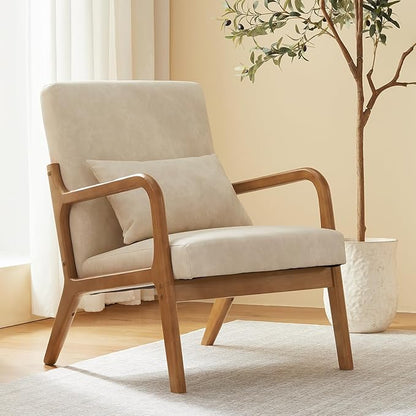 Accent Chair Mid Century Modern Armchair with Lumbar Support Pillow Wood Legs PU Leather Upholstered Lounge Chairs Comfy High Back Cushion for Living Room Bedroom