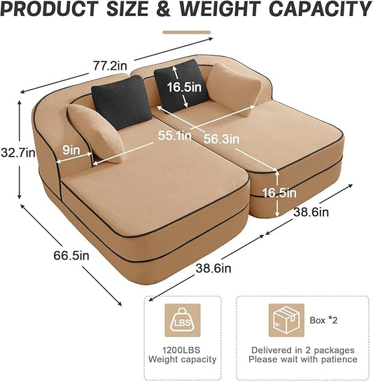 Cloud Sectional Sofa Modern Boneless Couch for Living Room, Comfy Deep Seat Comfy Teddy Fabric Double Sofa Chaise No Assembly Required (Camel, 77.2" Double Chaise Lounge)
