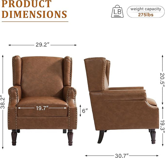 Faux Leather Wingback Accent Chairs Set of 2, High Back Upholstered Armchair, Comfy Fabric Wingback Arms Chairs with Solid Wood Legs, Single Sofa Reading Chair for Bedroom Living Room, Brown