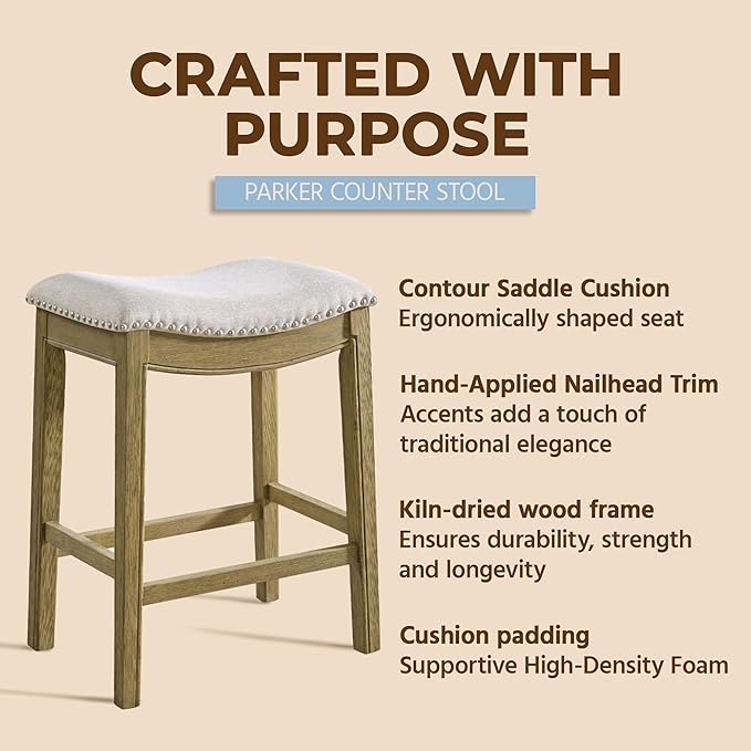 ROME + OAK Set of 2 Parker 26" Counter Stool, Backless Saddle Kitchen Barstool in Natural Wood Finish with Wheat Cream Fabric Upholstery Cushion Seat
