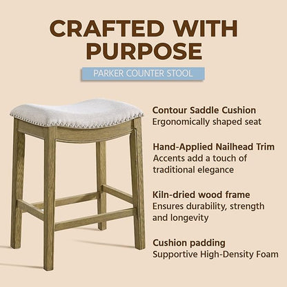 ROME + OAK Set of 3 Parker 26" Counter Stool, Backless Saddle Kitchen Barstool in Natural Wood Finish with Wheat Cream Fabric Upholstery Cushion Seat