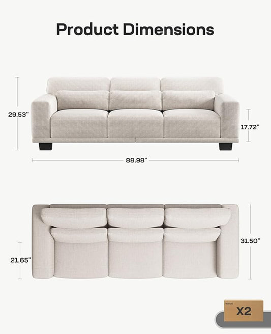 Marsail Modern 89 Inch Linen Fabric Sofa, 3-Seater Couch with Wide Armrests, Deep Cushions & Removable Washable Covers, Comfortable Living Room Furniture, Beige