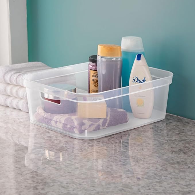 Sterilite 5.25 x 12.25 x 15 Inch Medium Modern Storage Bin w/Comfortable Carry Through Handles & Banded Rim for Household Organization, Clear 24 Pack