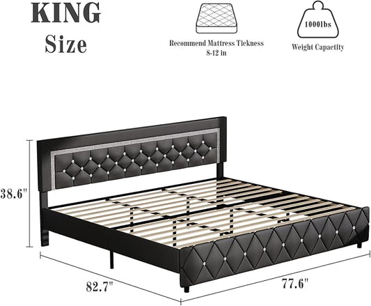 BarnFurin King Bed Frame with Diamond Tufted Headboard, Faux Leather Upholstered Bed with Wooden Slats Support, No Box Spring Needed, Mattress Foundation, Easy Assembly, Gray