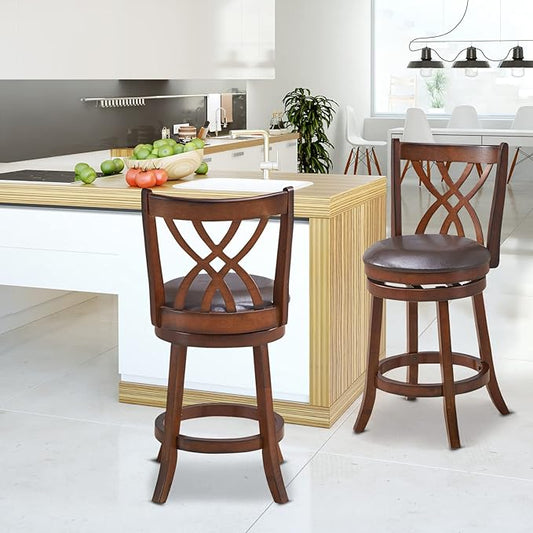COSTWAY Bar Stools Set of 4, 360° Swivel Chairs with Rubber Wood Frame, 26 in PU Leather Cushioned Seat and Footrests, for Kitchen Island, Dining Room, Bar (Brown-26 inches, 4 stools)