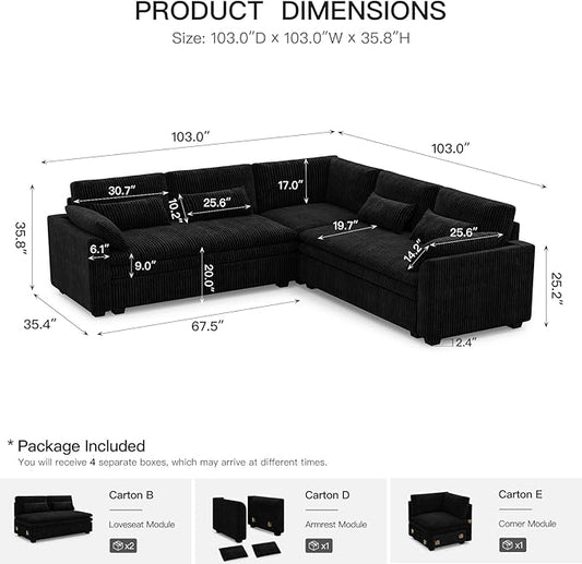 Belffin Large Modular Sectional Sofa with Double 61" Loveseat, Corduroy Corner Couch with 9" Soft Dual-Layer Seats Cushion for Living Room, Apartment, Small Sapce, Black