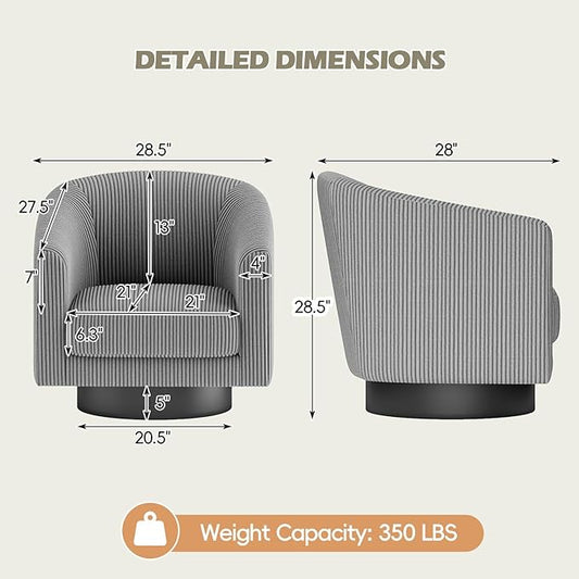 360° Swivel Accent Chairs, Modern Bucket Chair, Corduroy Barrel Armchair, Comfy Boucle Chair, Single Sofa for Living Room Bedroom. Dark Grey