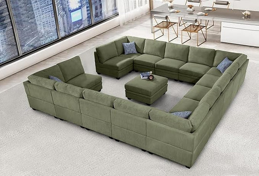 Wanderwell Oversized Modular Sectional Sofa,16-Seater U Shaped Couches with Movable Ottoman,Corduroy Sectional Couch with Wide and Deep Seats Suitable for Living Room,Bedroom,Apartment (Olive, U-16)