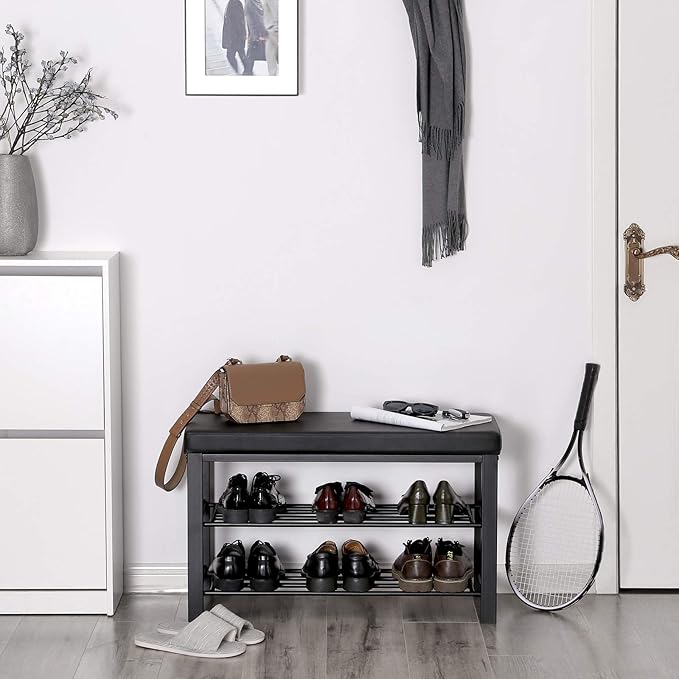 SONGMICS Shoe Bench, 3-Tier Shoe Rack for Entryway, Storage Organizer with Foam Padded Seat, Faux Leather, Metal Frame, for Living Room, Hallway, 12.2 x 31.9 x 19.3 Inches, Black ULBS58H