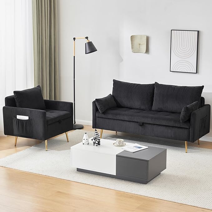 Furnimart 3-Piece Storage Sofa and Couch Set, Corduroy Loveseat with 2pc Accent Single Chairs, Small Living Room Furniture Set for Apartment, Tiny Homes and Lofts, 3PC-Black
