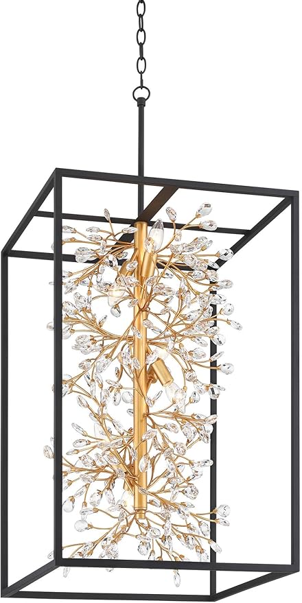 Possini Euro Design Carrine 20" Modern Pendant Chandelier Ceiling Light Fixture Dining Room Over Table Kitchen Island Foyer Hanging Unique 6-Light Black Gold Finish Crystal Metal Hallway Entryway