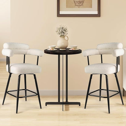 COSTWAY Counter Height Bar Stools Set of 2, 27" Swivel Modern Upholstered Counter Chairs with Boucle Fabric, Curved Backrests & Metal Legs, for Kitchen Island, Home, Pub (2, White + Black)