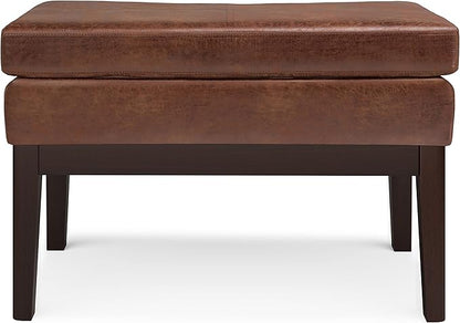 SIMPLIHOME Carlson 2-inch Wide Vegan Faux Leather Small Ottoman Bench in Distressed Black with Solid Wood Frame for Living Room, Entryway, or Bedroom