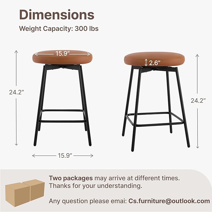 Swivel Bar Stools Set of 6, 24" Counter Height Bar Stool, Backless Barstools with Faux Leather Upholstered Seat&Sturdy Wood Legs for Kitchen Island, Brown