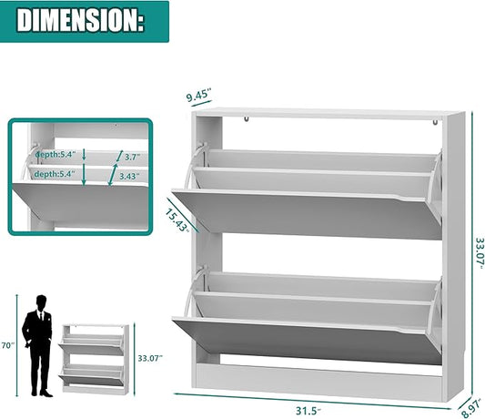 Shoe Storage Cabinet for Entryway with 2 Flip Drawers, Wood Freestanding Hidden Shoe Storage, Narrow Slim Sturdy Shoe Organizer for Front Door Entrance, Living Room, Hallway, Bedroom, White