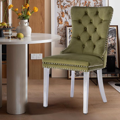 Velvet Upholstered Dining Chairs Set of 6, Modern Kitchen Side Chairs with Nailhead Trim and Silver Plated Leg, Metal Pulling Ring for Dining Room Living Room(Olive Green-Silver Plated Leg)